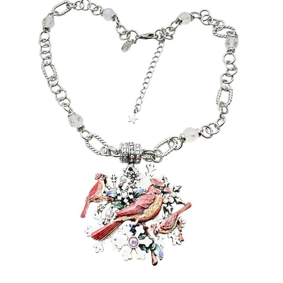 Kirks Folly Womens Necklace Crystal Magnetic Red Bird Cardinal Snowflake Silver - Picture 2 of 4